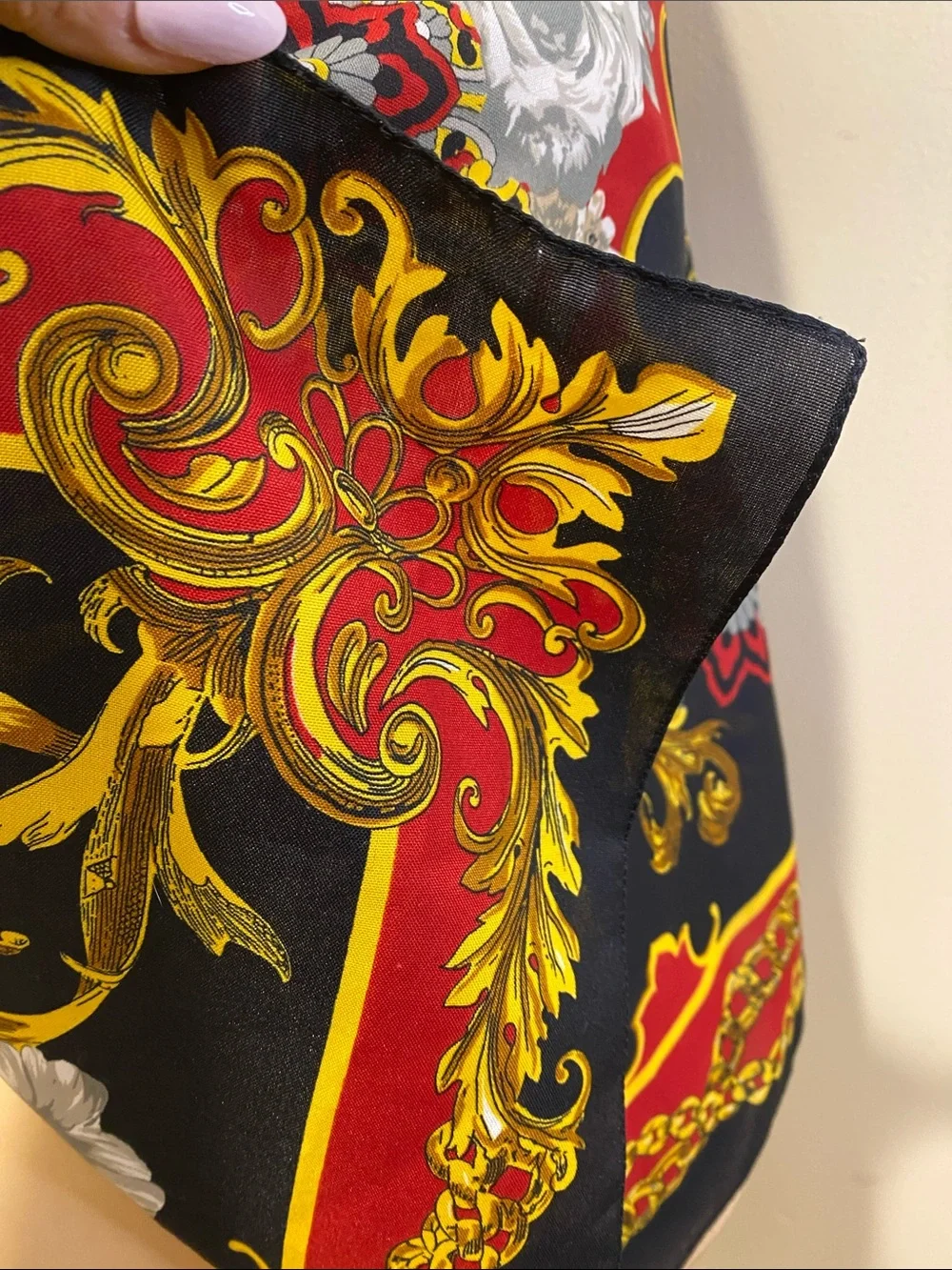 Baroque Print Satin Scarf in Black, Red & Gold